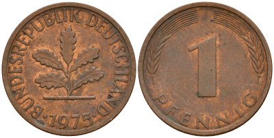 ФРГ 1 пфенниг 1975 J KM 105, J. 380 сталь плакированная медью    4598-548