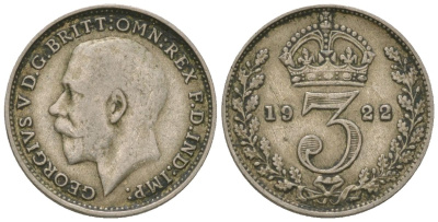 Великобритания 3 пенса 1922 Георг V (1910-1936) KM 813a, Spink 4026 серебро 4615-1033