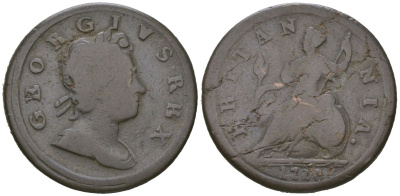 Великобритания 1/2 пенни 1718 Георг I (1714-1727) KM 549, Spink 3659 медь 4590-723