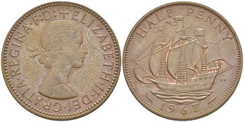 Великобритания 1/2 пенни 1967 Елизавета II (1952-2022) KM 896, Spink 4158 бронза 4544-213