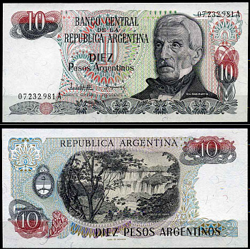 Аргентина 10 песо 1983 серия А 07232, Генерал Сан Мартин (1778-1850) Pick 313a  бумага  UNC (пресс) 2197-3-2-1