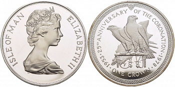Остров Мэн 1 крона 1978 25 лет коронации королевы Елизаветы II, соколы КМ 43a серебро PROOF 1081-4-33
