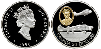 Канада 20 долларов 1990 самолеты Энсон и Гарвард, маршал Роберт Леки в оригинальной коробке с сертификатом KM 173 серебро, позолота PROOF 7-5-4-14