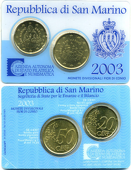 Сан-Марино евронабор из 2 монет 2003 20 и 50 евроцентов, в оригинальной пластиковой упаковке    UNC  5-6-2-67