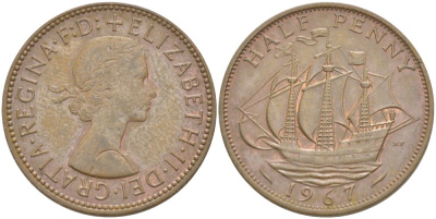 Великобритания 1/2 пенни 1967 Елизавета II (1952-2022) KM 896, Spink 4158 бронза 4544-213