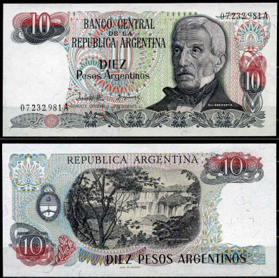 Аргентина 10 песо 1983 серия А 07232, Генерал Сан Мартин (1778-1850) Pick 313a  бумага  UNC (пресс) 2197-3-2-1