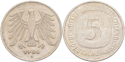 ФРГ 5 марок 1986 G KM 140.1 медно-никель 4512-741