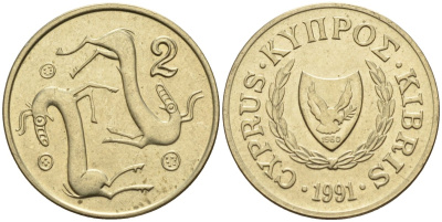Кипр 2 цента 1991 KM 54.3 никель латунь 4174-1253