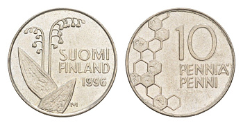 Финляндия 10 пенни 1996 KM 65 медно-никель 4647-357
