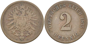 ГЕРМАНИЯ 2 ПФЕННИГА 1875 С, СТАРОГЕРБОВКА KM 2, J. 2, Weege 3 медь 212-611