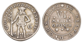 Брауншвейг-Каленберг-Ганновер 6 мариенгрошей 1699 дикарь, Георг I (1698-1727), из коллекции Ричарда Б. Смита Welter 2178 серебро 1525-124