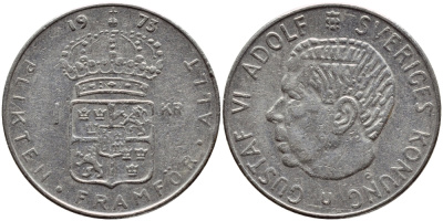 Швеция 1 крона 1973 Густав VI Адольф (1950-1973) KM 826а медь плакированная медно-никелем 4395-556
