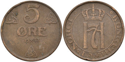 Норвегия 5 эре 1932 Хокон VII (1905-1957) KM 368 бронза 4526-313