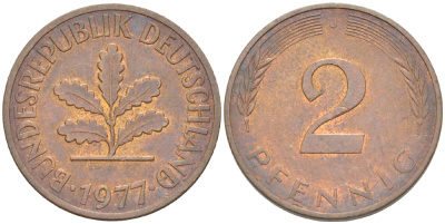 ФРГ 2 пфеннига 1977 J KM 106а, J.381а сталь плакированная медью 4181-823