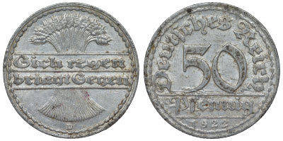 Германия 50 пфеннигов 1922 D KM 27, J. 301, Weege 10 алюминий 4119-522