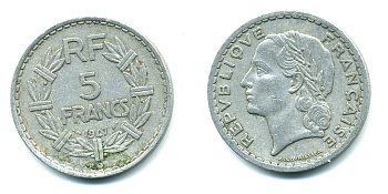 Франция 5 франков 1947 B, открытая 9, тип Лаврийе KM 888b.2, Le Franc 339.11 алюминий 47-712