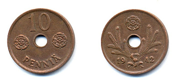 ФИНЛЯНДИЯ 10 ПЕННИ 1942 KM 33.1 медь 51-4953