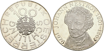 Австрия 100 шиллингов 1976 175 лет со дня рождения Иоганна Нестрои? KM 2932 серебро PROOF 02-118-32