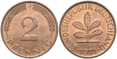 ФРГ 2 ПФЕННИГА 1971 G KM 106a, Jager 381a сталь плакированная сталь плакированная медьюю 4546-1017