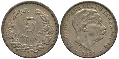 Люксембург 5 сантимов 1901 герцог Адольф (1890-1905) KM 24 медно-никель 4528-268