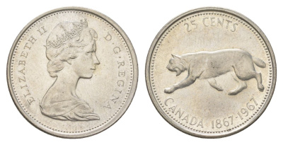 Канада 25 центов 1967 пума, 100 лет Конфедерации Канада, Ссеребро 0.800, вес 5,83 гр, диаметр 23,88 мм KM 67 серебро 4622-925