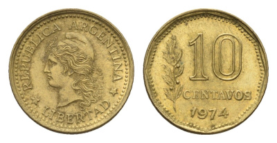 Аргентина 10 сентаво 1974 голова свободы влево KM 66, CJ 347, Schon 66 латунь 4702-525