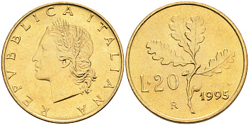 Италия 20 лир 1995 R, дубовый лист KM 97.2 алюминиевая бронза  UNC  4594-1018