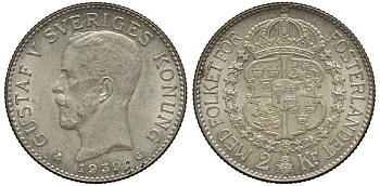 Швеция 2 кроны 1939 G, Густав V (1907-1950) KM 787 серебро 00-00