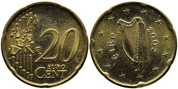 ИРЛАНДИЯ 20 ЕВРОЦЕНТОВ 2002 KM 36 латунь UNC 4390-1013