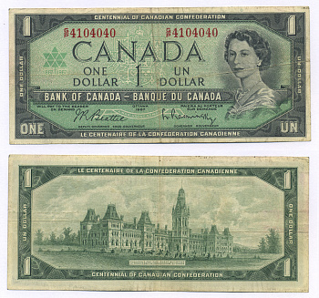 КАНАДА 1 ДОЛЛАР 1967 ЕЛИЗАВЕТА II, 100 ЛЕТ КОНФЕДЕРАЦИИ (1867-1967), РУГУЛЯРНАЯ СЕРИЯ Pick 84b бумага 7457-53-2