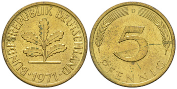ФРГ 5 пфеннигов 1971 D KM 107, J. 382 сталь плакированная латунью 4164-528