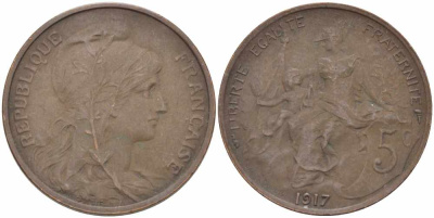 ФРАНЦИЯ 5 САНТИМОВ 1917 ТИП ДАНИЭЛЬ ДЮПЮИ KM 842, LE FRANC 119.30 бронза 108-1017