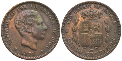 Испания 5 сентимо 1877 ОМ, Альфонсо XII (1874-1885) KM 674 бронза 1528-724