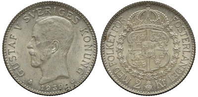 Швеция 2 кроны 1939 G, Густав V (1907-1950) KM 787 серебро 00-00