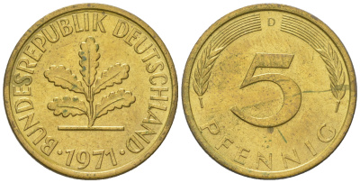 ФРГ 5 пфеннигов 1971 D KM 107, J. 382 сталь плакированная латунью 4164-528
