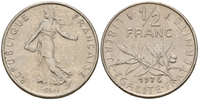 Франция 1/2 франка 1976 сеятель KM 931.1, LE FRANC 198.15 никель    4598-264