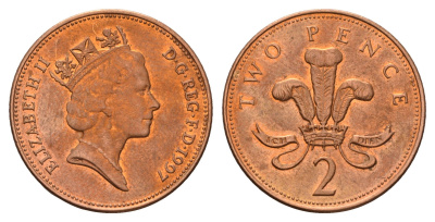 Великобритания 2 пенса 1997 Елизавета II (1952-2022) KM 936a, Spink 4376 (C4) сталь плакированная медью 186-541