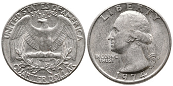 США 25 центов (квотер) 1974 Вашингтон KM 164a медь плакированная медно-никелем 4364-524