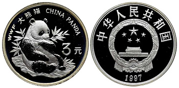 Китай 3 юаня 1997 панда, с сертификатом KM 1035 серебро PROOF 1-5-3-17