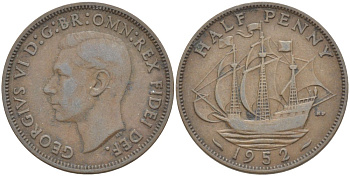 Великобритания 1/2 пенни 1952 Георг VI (1936-1952) KM 868, Spink 4118 бронза 94-915
