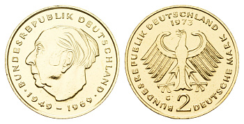 ФРГ 2 марки 1973 G, Теодор Хойс, 20 лет Федеративной Республике (1949-1969) KM A127 медно никель плакированный золотом 11-014-14