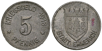 Эммерих (Пруссия, Рейн) 5 пфеннингов 1918 Funck 118.1, Men05 6537.1, Men18 8204.1 железо 4169-1115