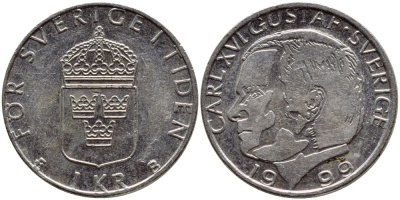 Швеция 1 крона 1999 Карл XVI Густав (1973- ) KM 852a медно-никель 4385-457