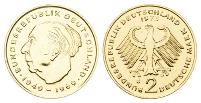 ФРГ 2 марки 1973 G, Теодор Хойс, 20 лет Федеративной Республике (1949-1969) KM A127 медно никель плакированный золотом 11-014-14