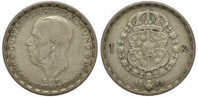 Швеция 1 крона 1948 TS, Густав V (1907-1950) KM 814 серебро 4178-544