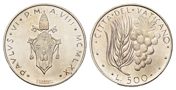 Ватикан 500 лир 1970 MCMLXX KM 123 серебро BU 270-414