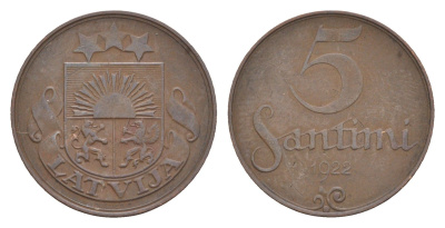 Латвия 5 сантимов 1922 KM 3 бронза 4658-1162