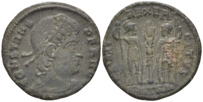 Римская Империя нуммий 337 - 340 Констант, CONSTANS PF AVG / GLORIA EXERCITVS, Фессалоника, (степень редкости С2) RIC 57 биллон 1073-17-67