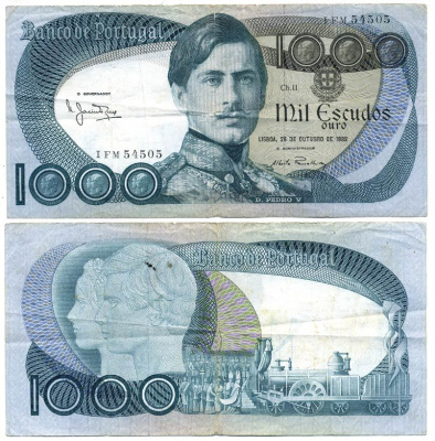 Португалия 1000 эскудо 1982 Педру V с королевой Стефанией, паровоз, 26 октября Pick 175е бумага 7523-41-2-1