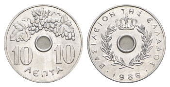 Греция 10 лепт 1966 Константин II (1964-1973), виноградная гроздь KM 78 алюминий UNC 220-567